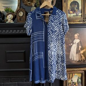 Bel Kazan Blue Geometric Print Button Front Dress M | Ethical Handmade Bali